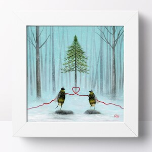 May include: A painting of two bees in a snowy forest, holding a red string that forms a heart shape around a small evergreen tree. The bees are facing each other and the scene is painted in a whimsical style.