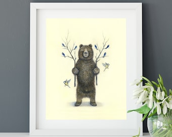 Bär Kunstdruck, Braunbär Illustration, originelle Geschenkidee, Wildtiere Kunst, Natur Malerei, Vögel Kunstdruck, Kinderzimmer Dekor, Animal Print