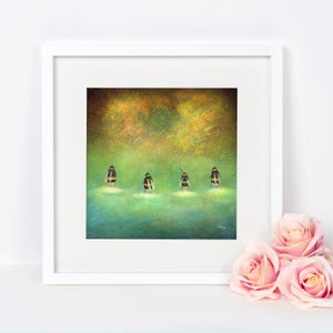 May include: A framed art print featuring a whimsical scene of four bumblebees in a green and gold speckled landscape. The bees are black and yellow, with a bright light beneath each one. The artwork is in a white frame, with pink roses in the foreground.