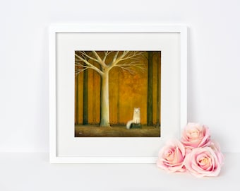 Fox Art Print, Arte de Zorro Blanco, Naturaleza y Vida Silvestre, Decoración del hogar, Decoración de la guardería, Arte del árbol, Idea del regalo peculiar, Arte del bosque, Ilustración del zorro