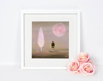 Bee Art Print, Bumble Bee Illustration, Insect Wall Art, Feather Art, Mother's Day Gift, Nursery Decor, Moon Art, Valentine's Day Gift