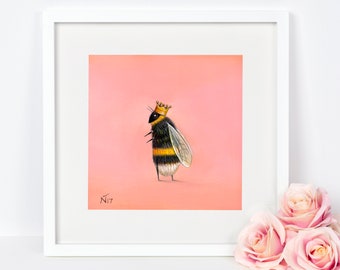 Bee Art Print, Queen Bee Art, Quirky Gift, Insect Illustration, Christmas Gift, Nursery Decor, Gardener Gift, Nature Print, Bumblebee Art