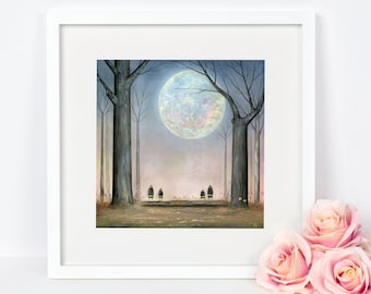 May include: A framed art print showing a forest scene with a large, luminous moon. Three figures are on a wooden bench. The artwork uses tall, bare trees and a soft, pastel colour palette, creating a whimsical and dreamlike atmosphere.