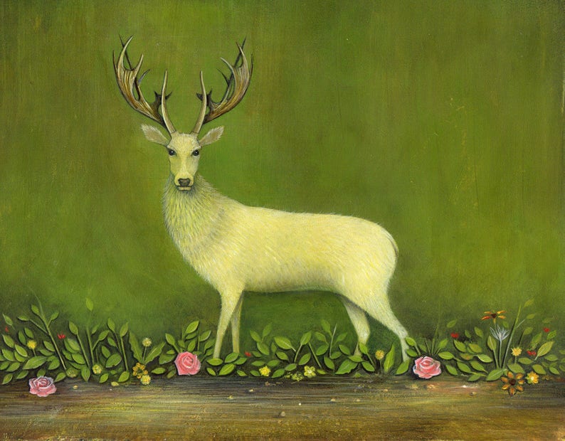White Stag With Flowers Art Print Home and Nursery Decor Etsy