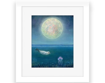Impressão de arte de foca, impressão de água-viva, arte de lua cheia, ideia peculiar de presente, arte de paisagem marinha, impressão de oceano, impressão de arte aquática, impressão de vida marinha, astronomia