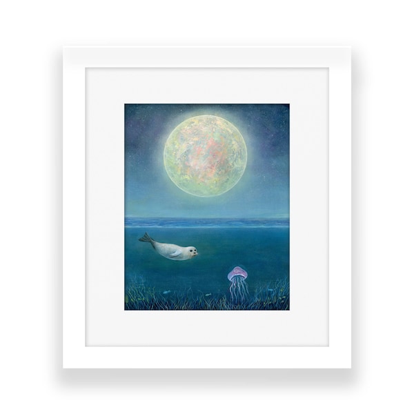Seal Art Print, Jellyfish Print, Full Moon Art, Quirky Gift Idea, Seascape Art, Ocean Print, Aquatic Art Print, Sea Life Print, Astronomy