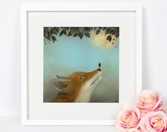 Fuchs Kunstdruck, Biene Kunst, Vollmond Druck, Wildtiere Tier Kunst, Weihnachtsgeschenk, Rotfuchs Malerei, Wald Kinderzimmer Kunst, Biene Druck