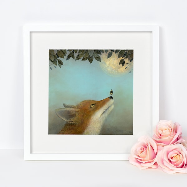 Fox Art Print, Bee Art, Full Moon Print, Wildlife Animal Art, Christmas Gift, Red Fox Painting, Woodland Nursery Art, Bee Print