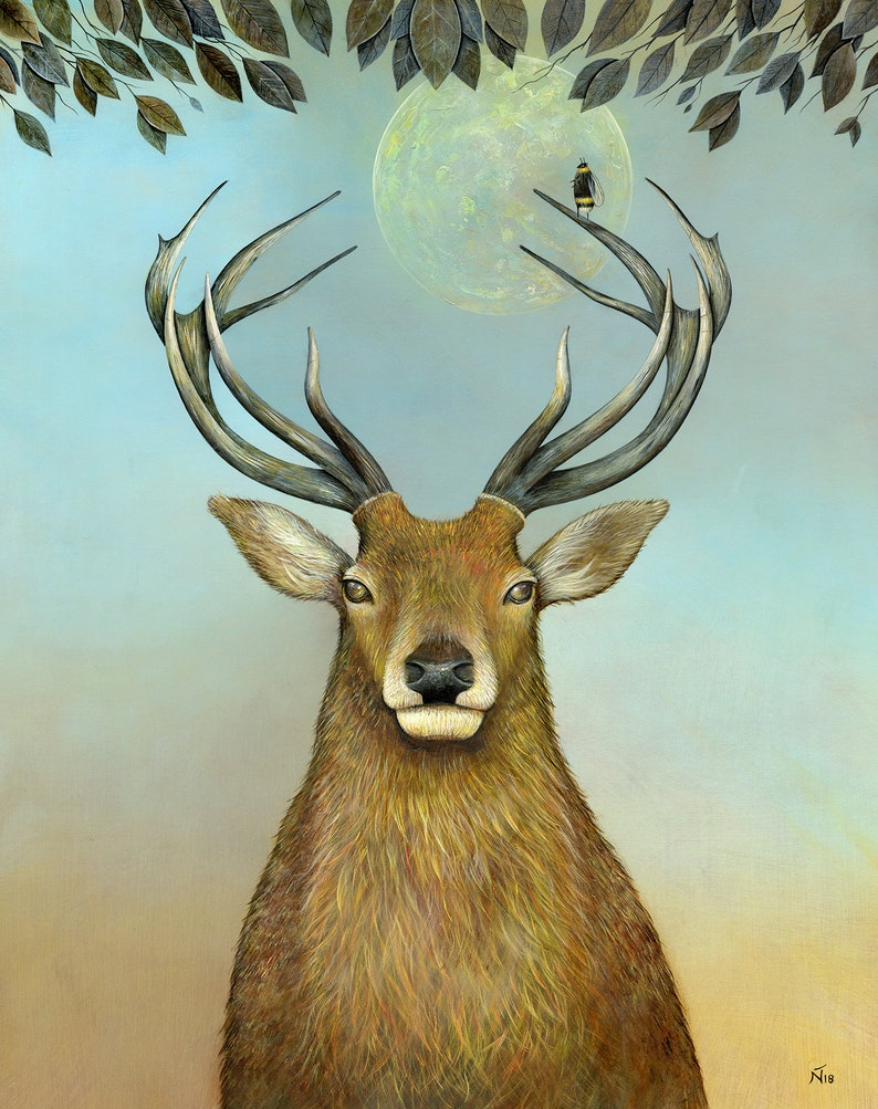 Stag Art Print Red Stag Painting Bee Art Print Full Moon Etsy