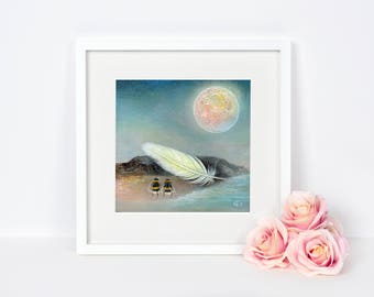 Bee Art Print, Arte De Plumas, Regalo De Astronomía, Arte De Luna Llena, Arte De Pared De Insectos, Idea De Regalo Peculiar, Arte Bumblebee, Decoración De Viveros, Arte Caprichoso