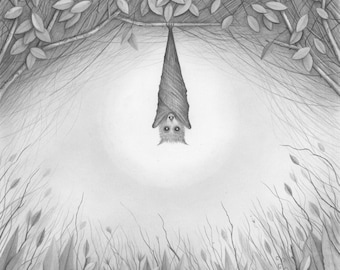 Original Pencil Drawing by Neil Thompson, Bat Sketch, Original Art, Bat Illustration, Bat Drawing, Leaf Drawing, Gift Idea