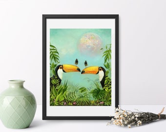Tucán Art Print, Bumblebee Art, Bee Print, Jungle Art, Rainforest Art, Bird Print, Exotic Birds, Quirky Gift, Wall Art, Home Decor, Nursery