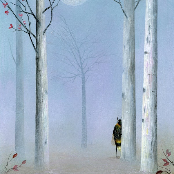 Original Acrylic Painting by Neil Thompson, Bee Painting, Wall Art, Quirky Art, Wall Hanging, Full Moon Painting, Forest Painting