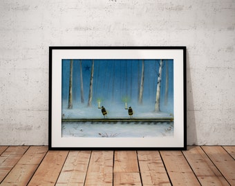 Impresión de arte de abejas, impresión de abejorros, idea de regalo peculiar, arte de pared de insectos, decoración de vivero, decoración del hogar, naturaleza y vida silvestre, vías de tren, arte forestal