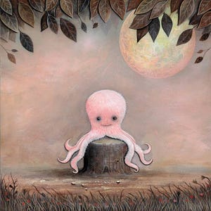 May include: A pink octopus with a fuzzy texture sits on a tree stump in a forest setting. The moon is visible in the background.