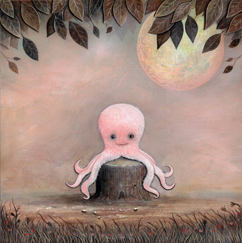 May include: A pink octopus with a fuzzy texture sits on a tree stump in a forest setting. The moon is visible in the background.
