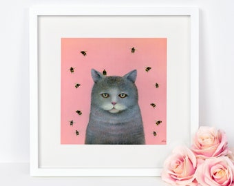 Cat Art Print, Cat Picture, Bee Art, British Shorthair Cat, British Shortie Cat, Wall Art, Wall Decor, Quirky Gift Idea, Bumblebee Art