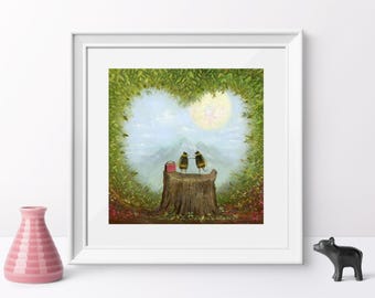 Bumblebee Art Print, Full Moon Forest Scene, Whimsical Nature Wall Art