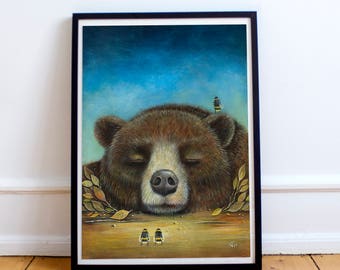 Bear Print, Bee Print, Quirky Gift Idea, Outdoor Lovers Gift, Nature Print, Wildlife Art, Grizzly Bear Print, Bumblebee Art, Nursery Decor