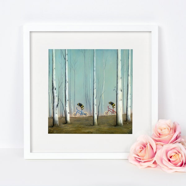 Bee Art Print, Quirky Gift, Woodland Art, Nursery Decor, Housewarming Gift, Forest Art, Wildlife Painting, Bicycle Art Print, Bumblebee Art