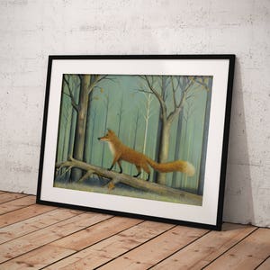 May include: A painting of a fox walking through a forest. The fox is orange and white and is walking on a fallen log. The forest is green and brown and has trees with bare branches.