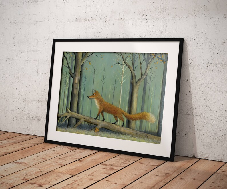 May include: A painting of a fox walking through a forest. The fox is orange and white and is walking on a fallen log. The forest is green and brown and has trees with bare branches.
