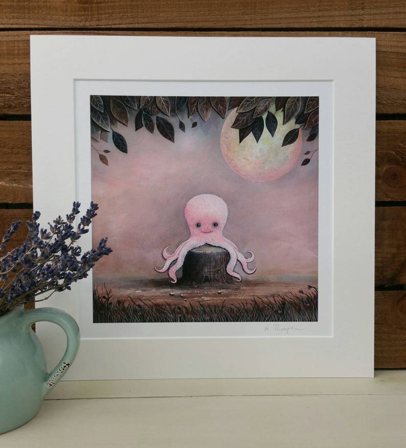 May include: A pink octopus with a smiling face sits on a tree stump in a whimsical forest scene. The background features a full moon and dark leaves.