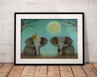 Arte De Pared Elefante, Impresión De Elefante, Arte Widlife, Impresión De Naturaleza, Decoración Del Hogar, Pintura De Luna Llena, Impresión De Arte Fox, Pintura De Chimpancés, Arte Peculiar