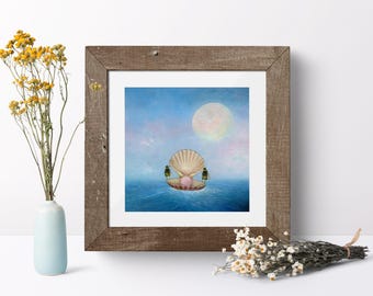 Bee Print, Bumblebee Art, Insect Artwork, Whimsical Art, Quirky Print, Surreal Art, Seascape Art, Bathroom Print, Shell and Pearl Art
