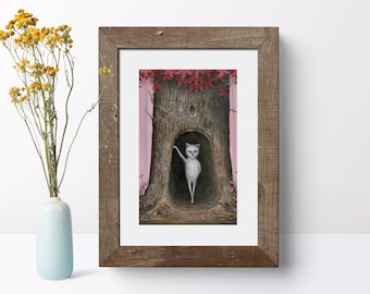 Whimsical Cat Tree Hollow Art Print, Acrylic Painting, Nursery Wall Decor