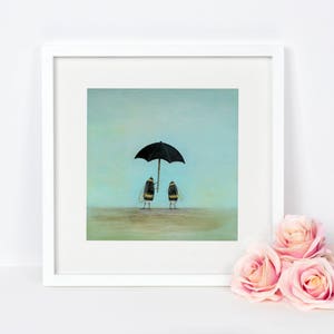 May include: A framed painting of two bumblebees standing under a black umbrella on a light blue background.