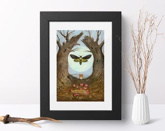 Arte de zorro, Impresión de zorro, Impresión artística de zorro, Polilla de la muerte, Arte mural de insectos, Escena forestal, Arte gótico, Idea de regalo original, Arte de luna llena, Naturaleza