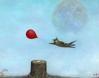 Pintura acrílica original de Neil Thompson, pintura de gatos, pintura de globos, arte de pared, arte peculiar, pintura de vida silvestre, pintura de la naturaleza, luna