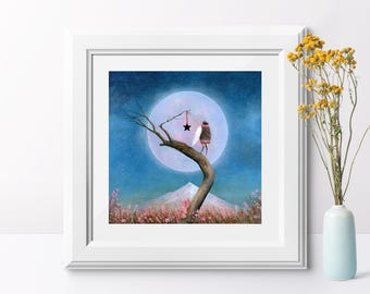 Bee Print, Bee Painting, Whimsical Art, Full Moon Art, Night Time Art, Bumblebee Print, White Feather Art, Starry Sky, Ethereal Art
