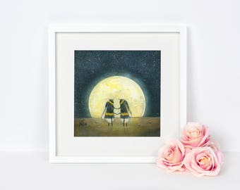 Moon and Bee Fine Art Print - Space Art - Nature Painting - Gift Idea - Home and Nursery Decor