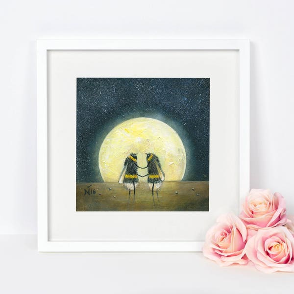 Moon and Bee Fine Art Print - Space Art - Nature Painting - Gift Idea - Home and Nursery Decor