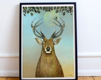 Stag Art Print, Red Stag Painting, Bee Art Print, Full Moon Art, Peculiar Idea De Regalo, Home Decor, Nature Wall Art, Stag Painting, Wildlife Art
