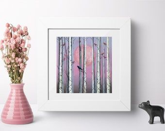 Bird Art Print, Wall Art, Forest Wall Art, Forest Art Print, Moon Wall Art, Full Moon Print, Pink Moon Art, Christmas Gift, Nature, Wildlife