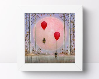 Bee Art Print, Bumble Bee Print, Love Heart Art, Home Decor, Forest Art, Quirky Gift, Pink Moon Art, Full Moon Art, Nature, Balloon Art