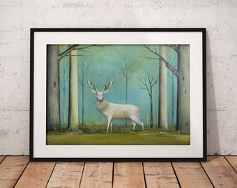 Impresión de ciervo blanco, pintura de ciervo, pintura del bosque, impresión del bosque, impresión animal, regalo de Navidad, ciervo blanco con las cornamentas, arte caprichoso