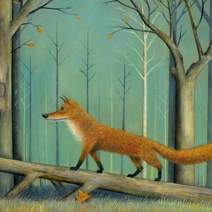 May include: A red fox walks across a fallen log in a forest setting. The fox has a bushy tail and is looking to the left. The background is a muted green with trees and leaves.