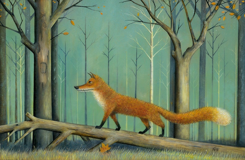 May include: A red fox walks across a fallen log in a forest setting. The fox has a bushy tail and is looking to the left. The background is a muted green with trees and leaves.