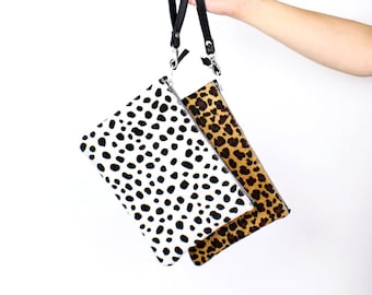 Animal Print Clutch Bag // Leopard Print Leather, Black and White Spotted Bag, Leather Clutch Purse