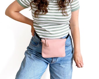 Baby Pink Cowhide Leather Bumbag // Leather Waist Bag, Fanny Pack for Women