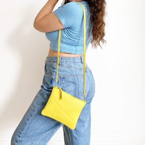 Bright Yellow Leather Crossbody Bag // Colourful Leather Shoulder Bag, Minimalist Leather Purse, Yellow Bag