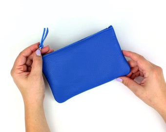 Cobalt Blue Cowhide Leather Zip Pouch // Small Leather Wallet, Leather Pouch, Gift for her