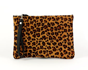 Leopard Print Leather Clutch Bag // Small Leather Clutch, Animal Print Leather Clutch