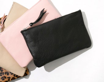 Black Cowhide Leather Purse // Leather Clutch Bag, Small Leather Pouch, Leather Zip Pouch, Leather Wallet