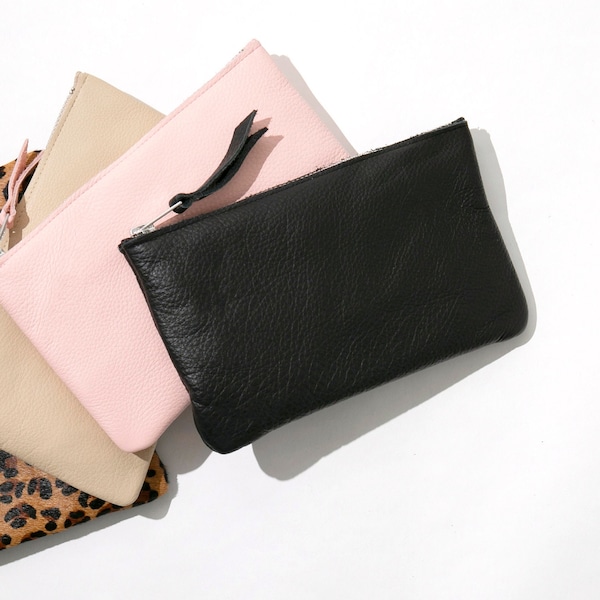 Black Cowhide Leather Purse // Leather Clutch Bag, Small Leather Pouch, Leather Zip Pouch, Leather Wallet