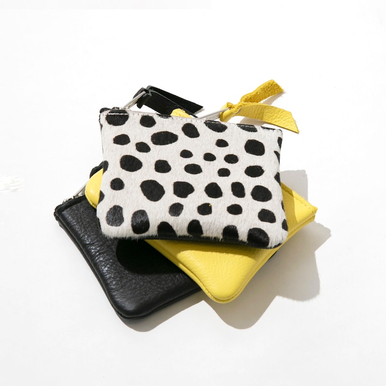 Spotty Leather Zip Coin Pouch // Dalmation Spot Coin Putse, Black and White Zipped Pouch, Minimalist Leather Pouch image 1